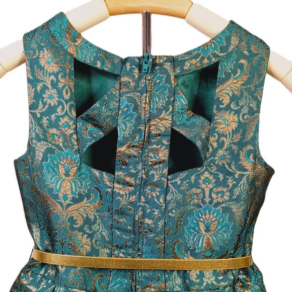 Floral Jacquard Holiday Dress in Green Girls 10 - Picture 6 of 16